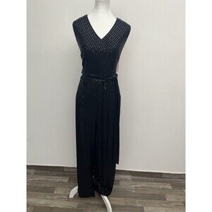 Lane Bryant Women Jumpsuit Black Belted Sleeveless Wide Leg Sequin 14/16 Petite